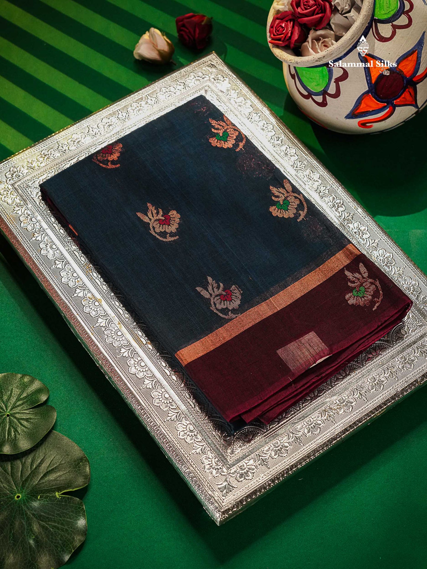 Olive Blue Beautiful SICO Cotton Saree With Violet Border