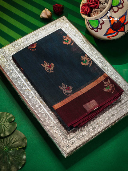 Olive Blue Beautiful SICO Cotton Saree With Violet Border