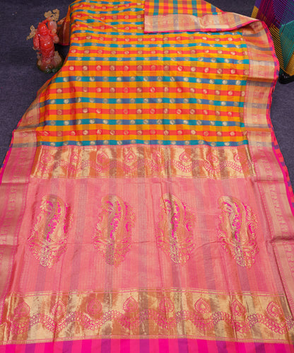 9.5 Yards Semi Silk Saree Paalum Pazham Checks With Traditional Border