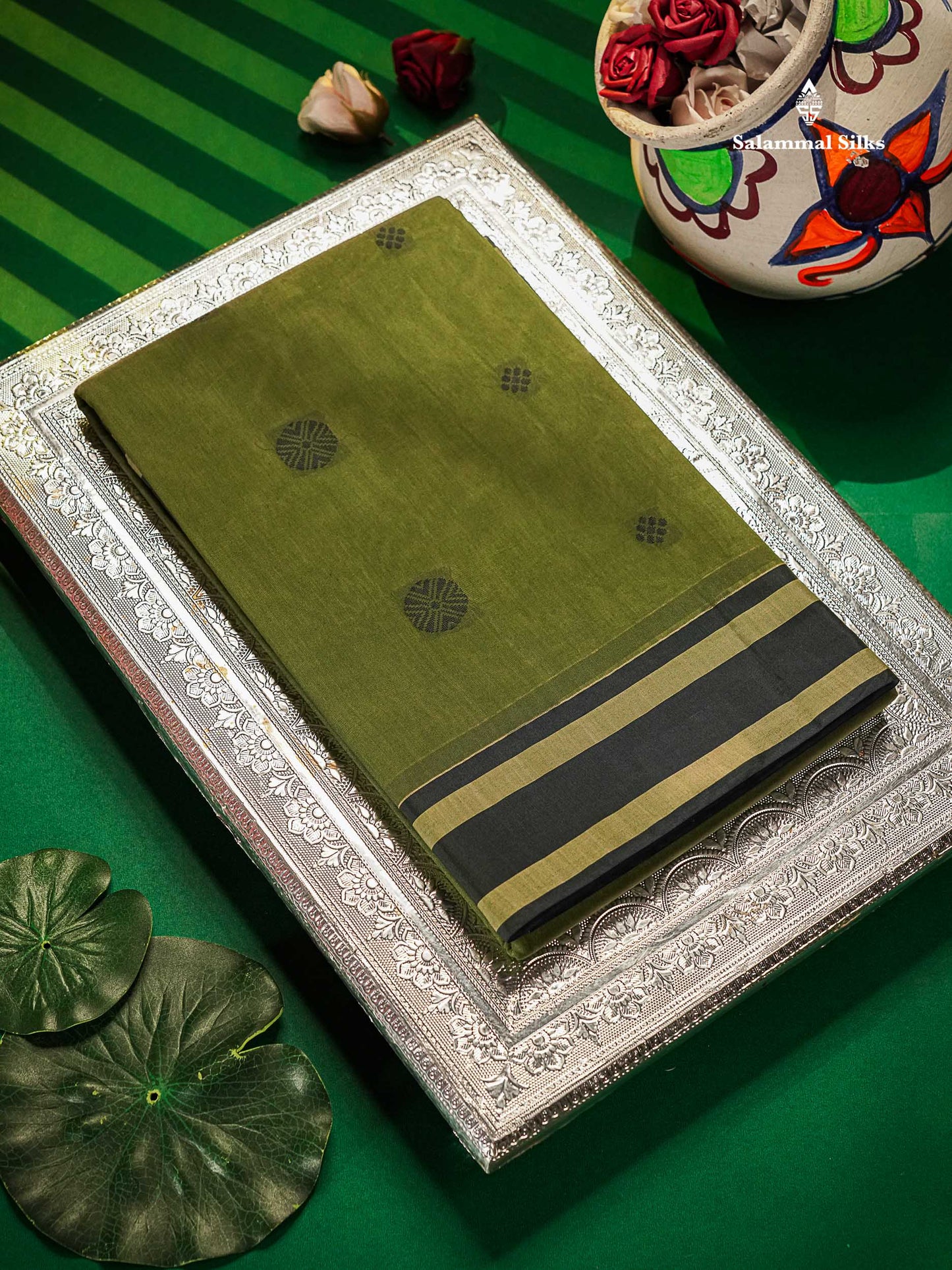 Kota Cotton Saree - Olive Green Colour Body Thread Butta With Navy Blue Border
