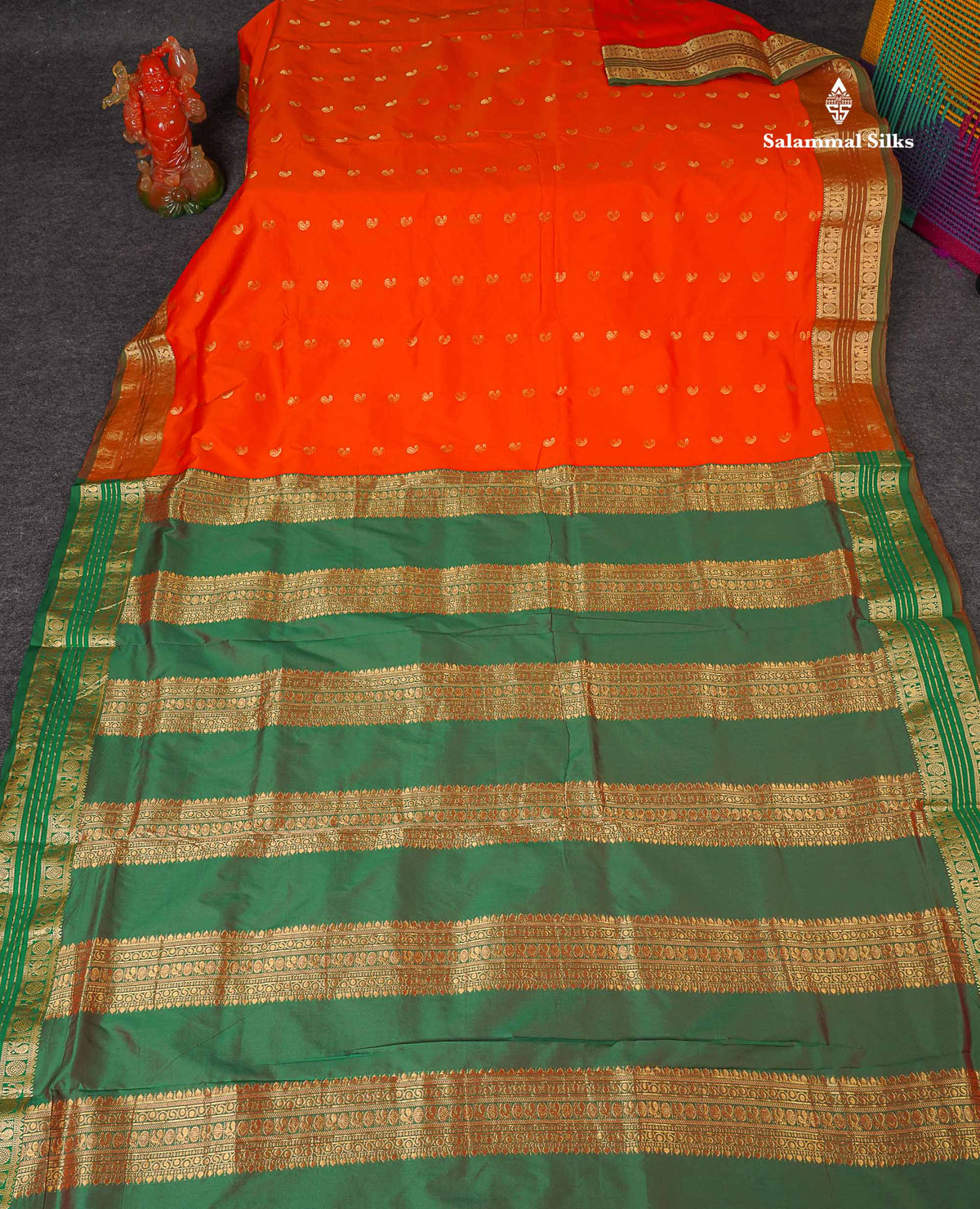 Semi Silk Saree - Orange Colour Body With Traditional Border | 9.5 Yards