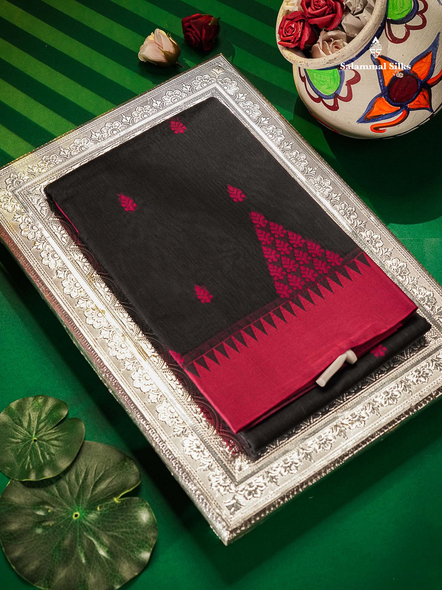 Kota Cotton Saree - Dark Grey Colour Body Thread Butta With Pink Traditional Border