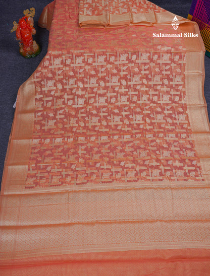 Beautiful Dark Peach Fancy Kota Mix Saree With Self Designer Blouse