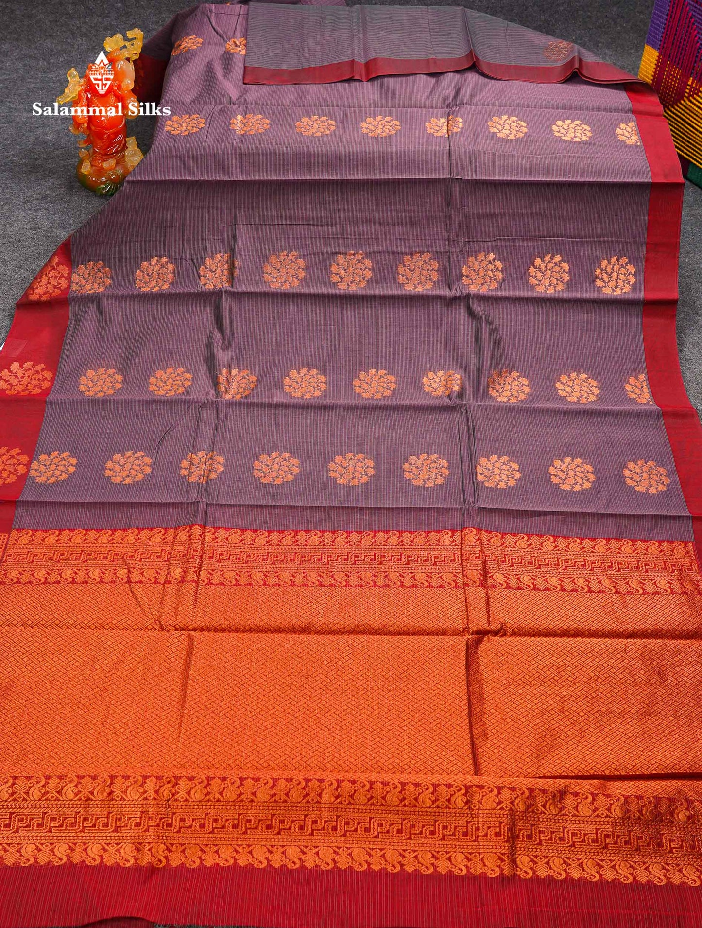 Beautiful Pastel Violet Copper Zari Butta Kota Cotton Saree With Contrast Maroon Fancy Border