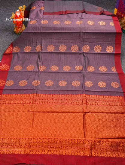 Beautiful Pastel Violet Copper Zari Butta Kota Cotton Saree With Contrast Maroon Fancy Border
