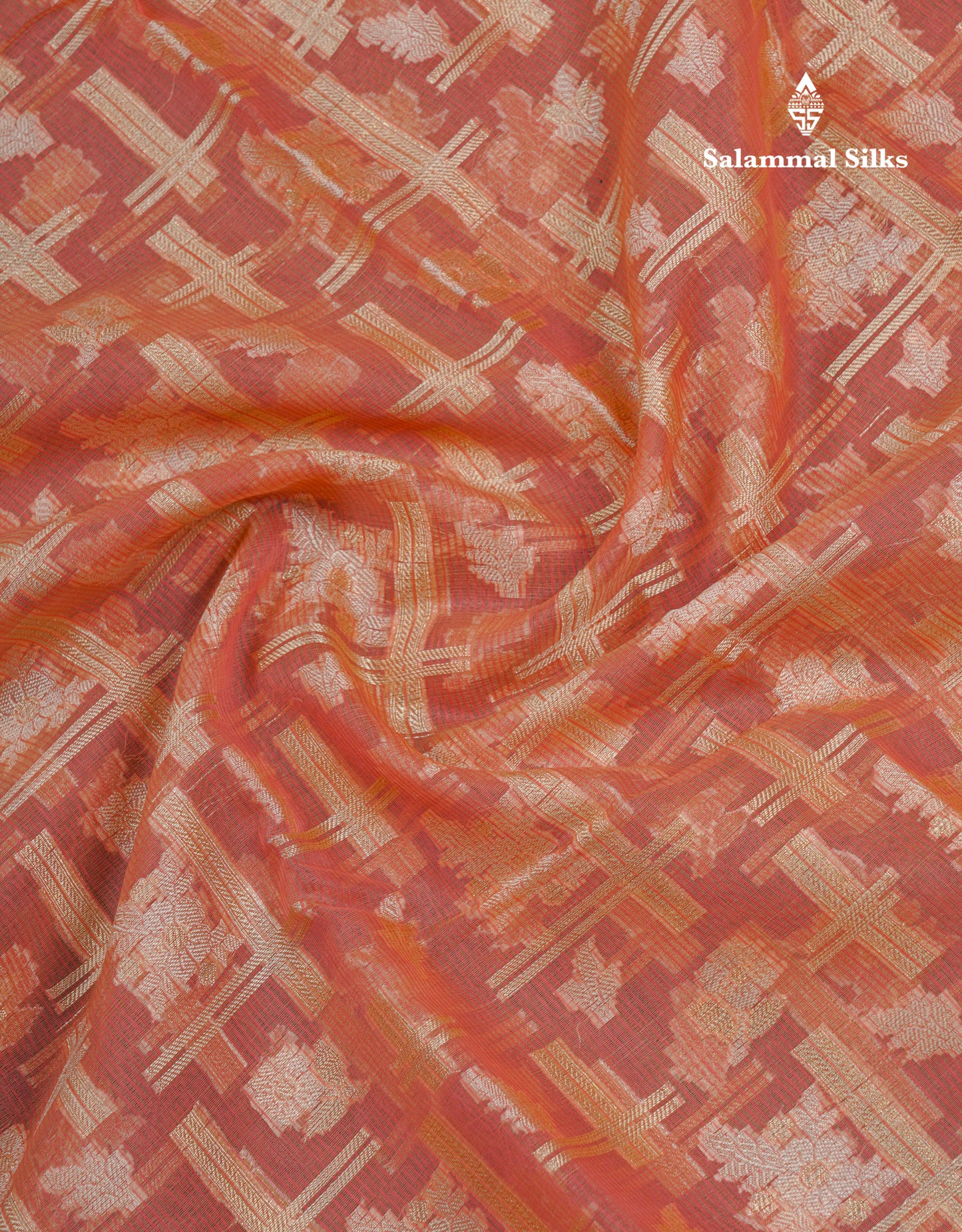 Beautiful Dark Peach Fancy Kota Mix Saree With Self Designer Blouse