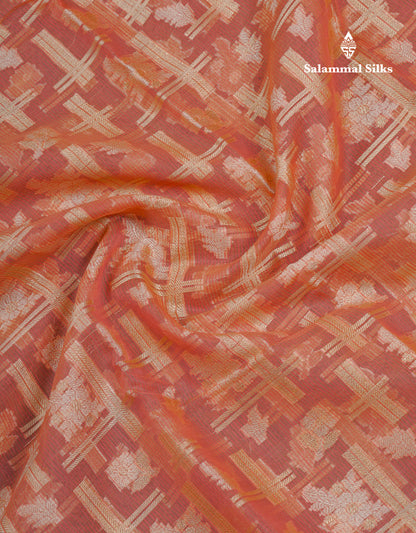Beautiful Dark Peach Fancy Kota Mix Saree With Self Designer Blouse