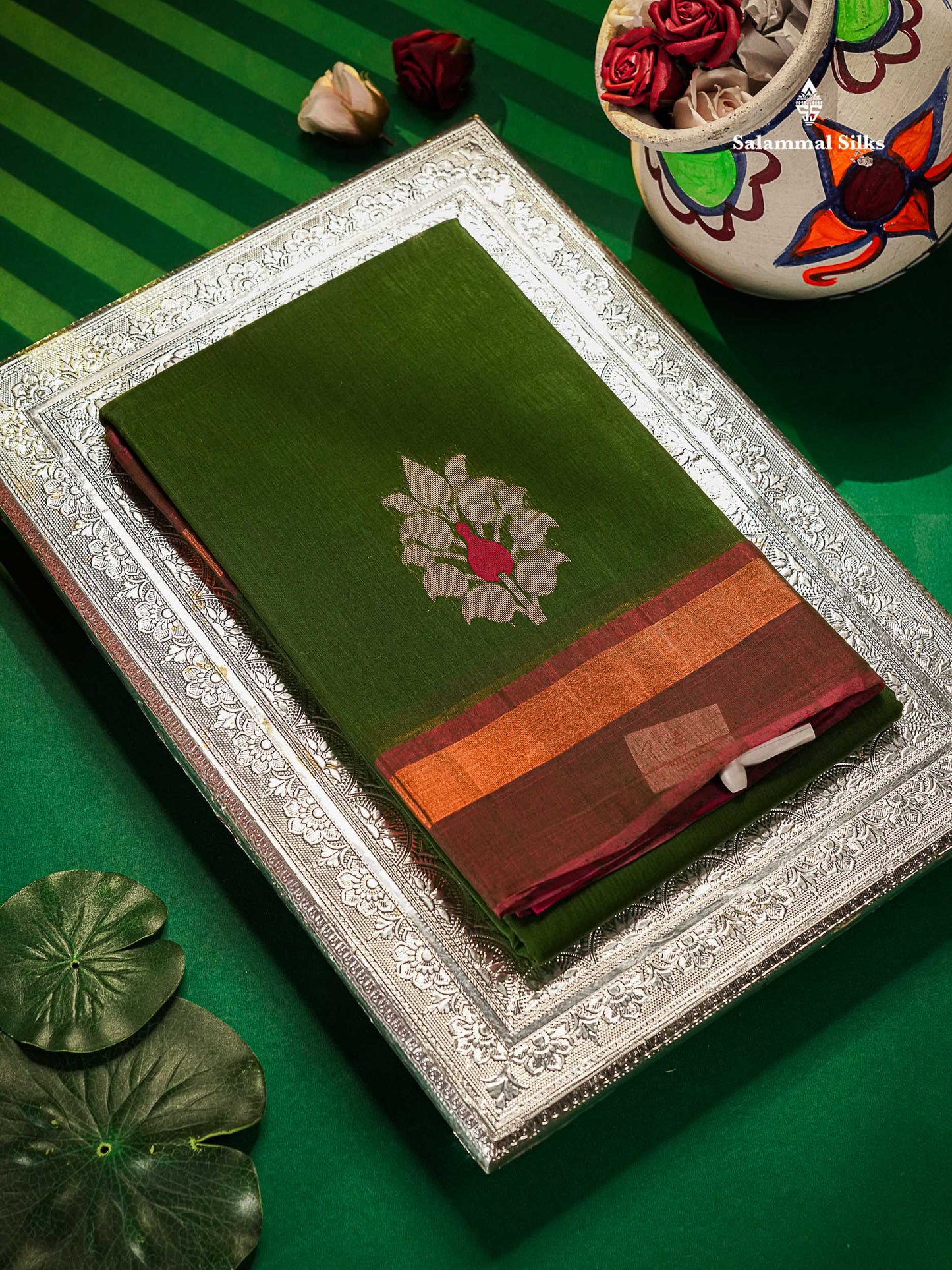 SICO Cotton Saree - Green Colour Body With Copper Zari Butta & Dual Tone Brown Border
