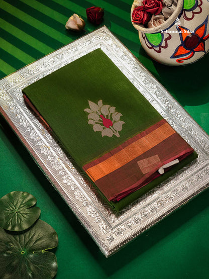 SICO Cotton Saree - Green Colour Body With Copper Zari Butta & Dual Tone Brown Border