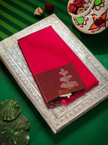 SICO Cotton Saree - Pink Colour Plain Body With Dual Tone Brown One Side Fancy Border