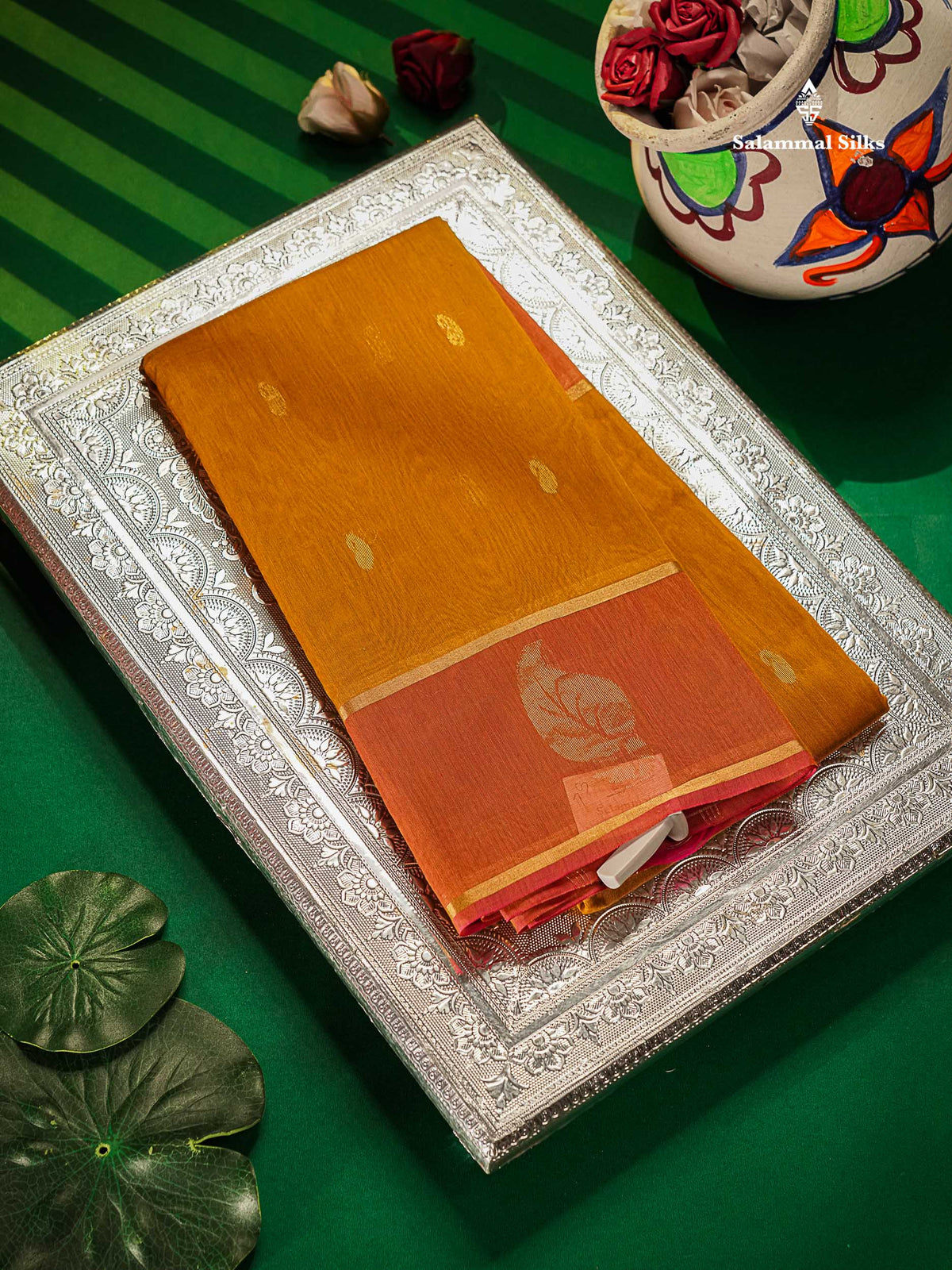 Beautiful Mustard Yellow Pure Cotton Saree With Contrast Dual Tone Pinkish Orange Border