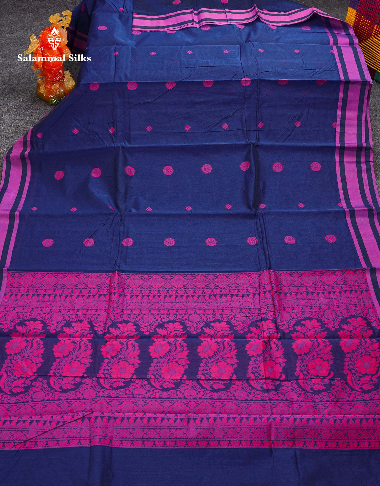 Beautiful Dark Sandal Thread Work Kota Cotton Saree With Contrast Dual Tone Blue Border