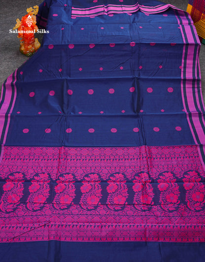 Beautiful Dark Sandal Thread Work Kota Cotton Saree With Contrast Dual Tone Blue Border