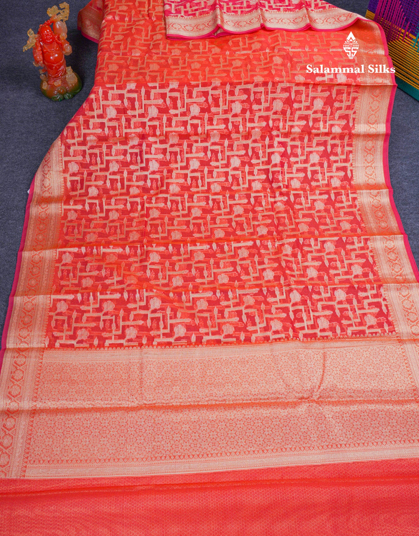 Beautiful Dual Tone Pinkish Orange Fancy Kota Mix Saree With Self Designer Blouse