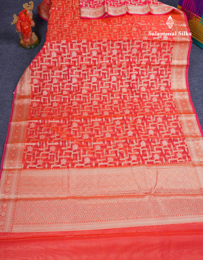 Beautiful Dual Tone Pinkish Orange Fancy Kota Mix Saree With Self Designer Blouse
