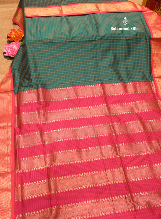 9 Yards Semi Silk Saree Peacock Green Colour with Pink Border