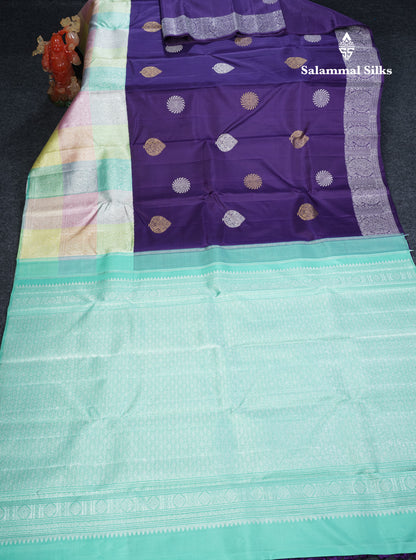 Violet Pure Kanjivaram Silk Saree With Contrast Rexona Fancy Multicolour Checks Border