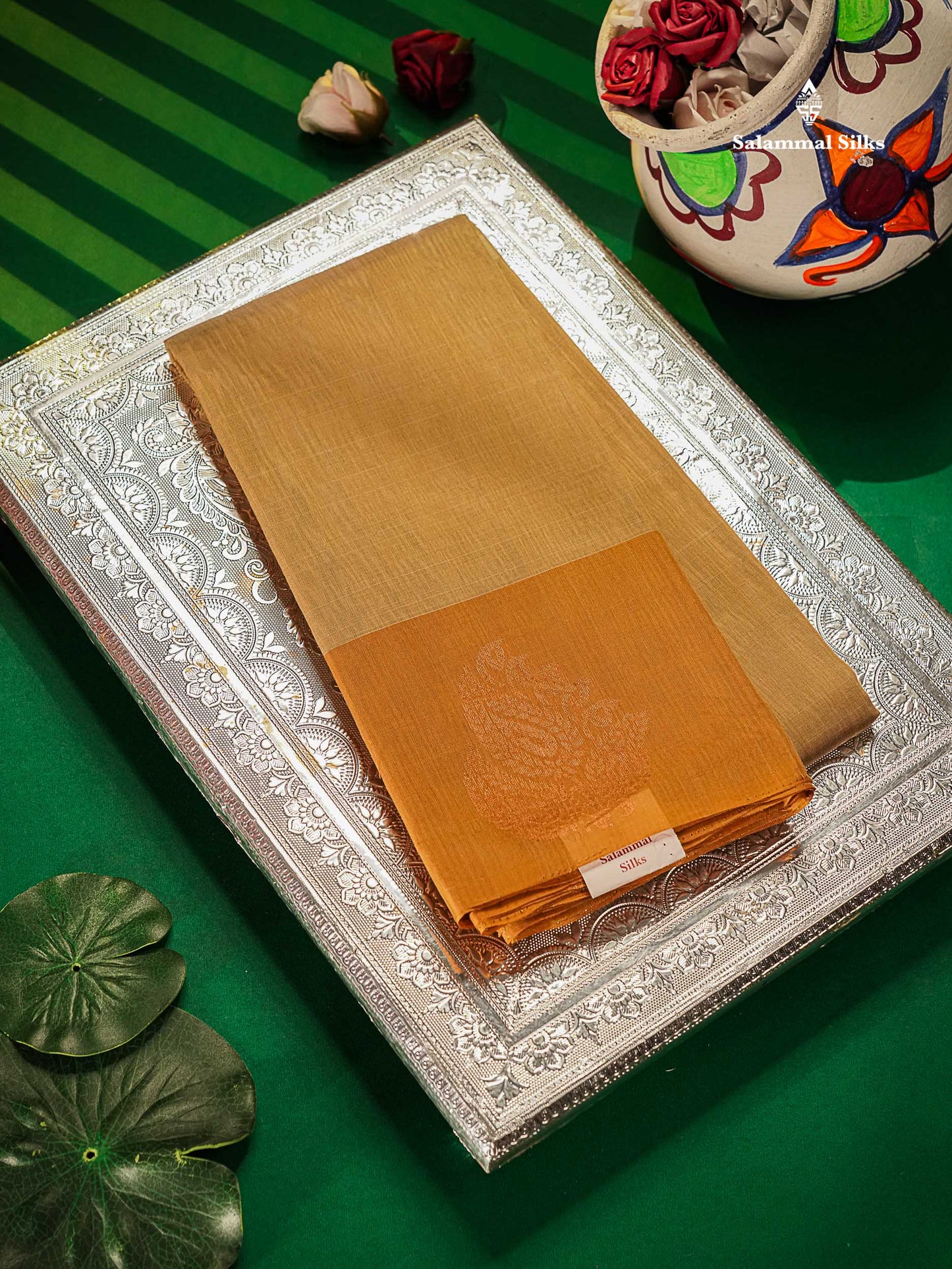 Beautiful Sandal Pure Cotton Saree With Contrast Mustard Yellow One Side Border