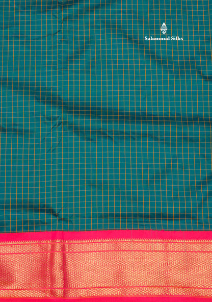 9 Yards Semi Silk Saree Peacock Green Colour with Pink Border