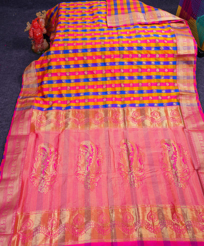 9.5 Yards Semi Silk Saree Paalum Pazham Checks With Traditional Border