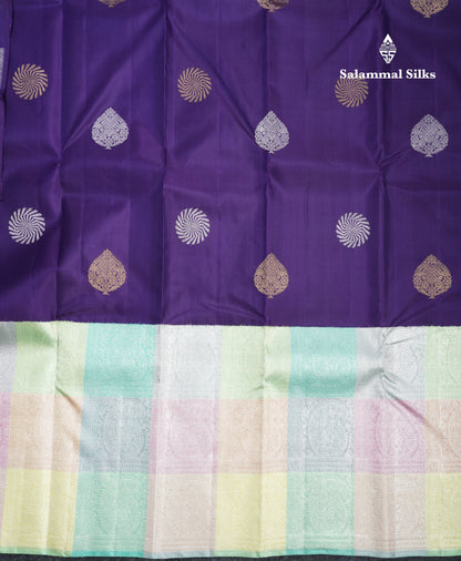 Violet Pure Kanjivaram Silk Saree With Contrast Rexona Fancy Multicolour Checks Border
