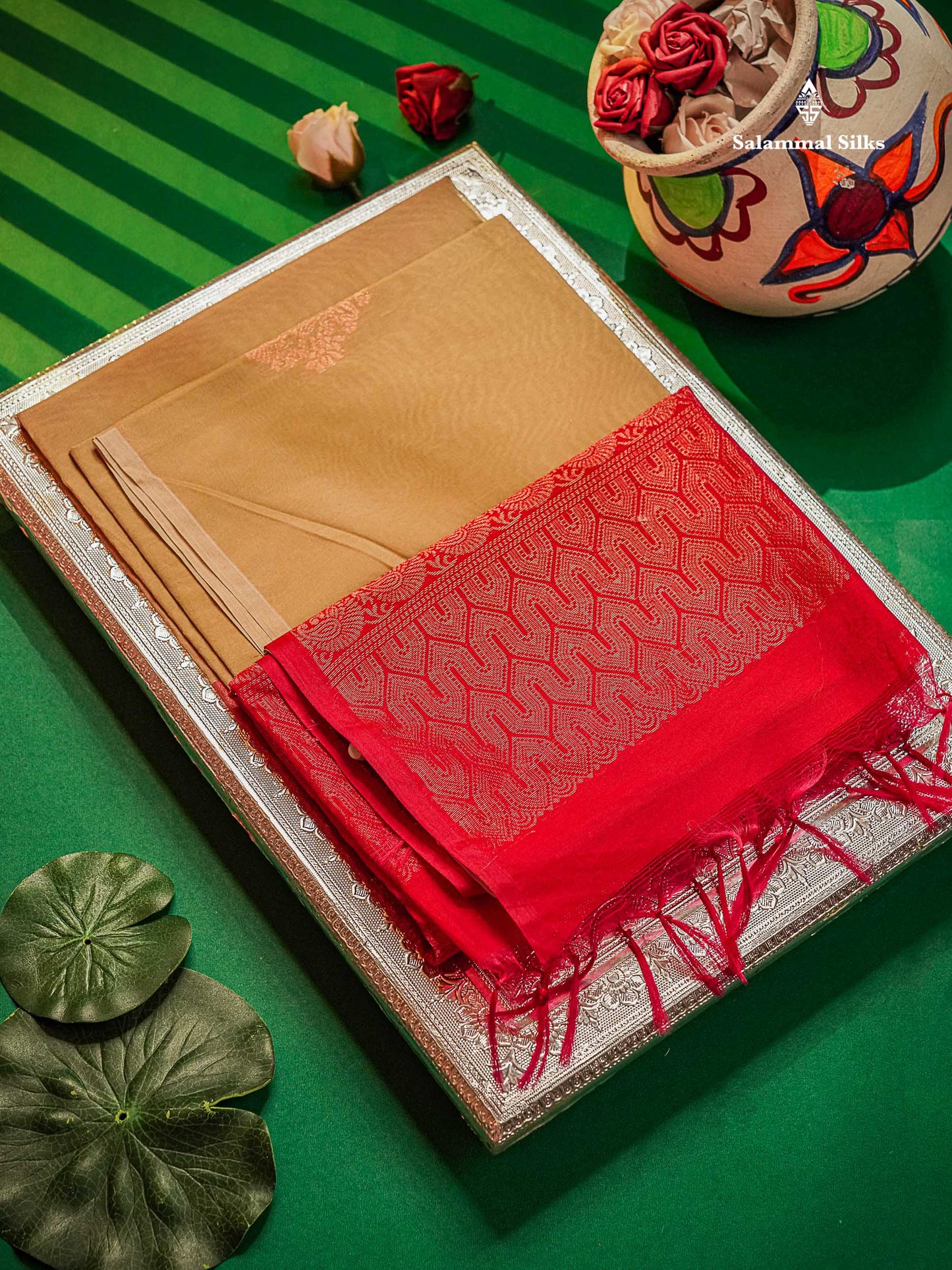 Beautiful Dark Sandal SICO Cotton Saree With Contrast Reddish Pink Blouse