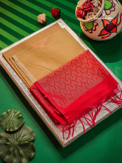 Beautiful Dark Sandal SICO Cotton Saree With Contrast Reddish Pink Blouse