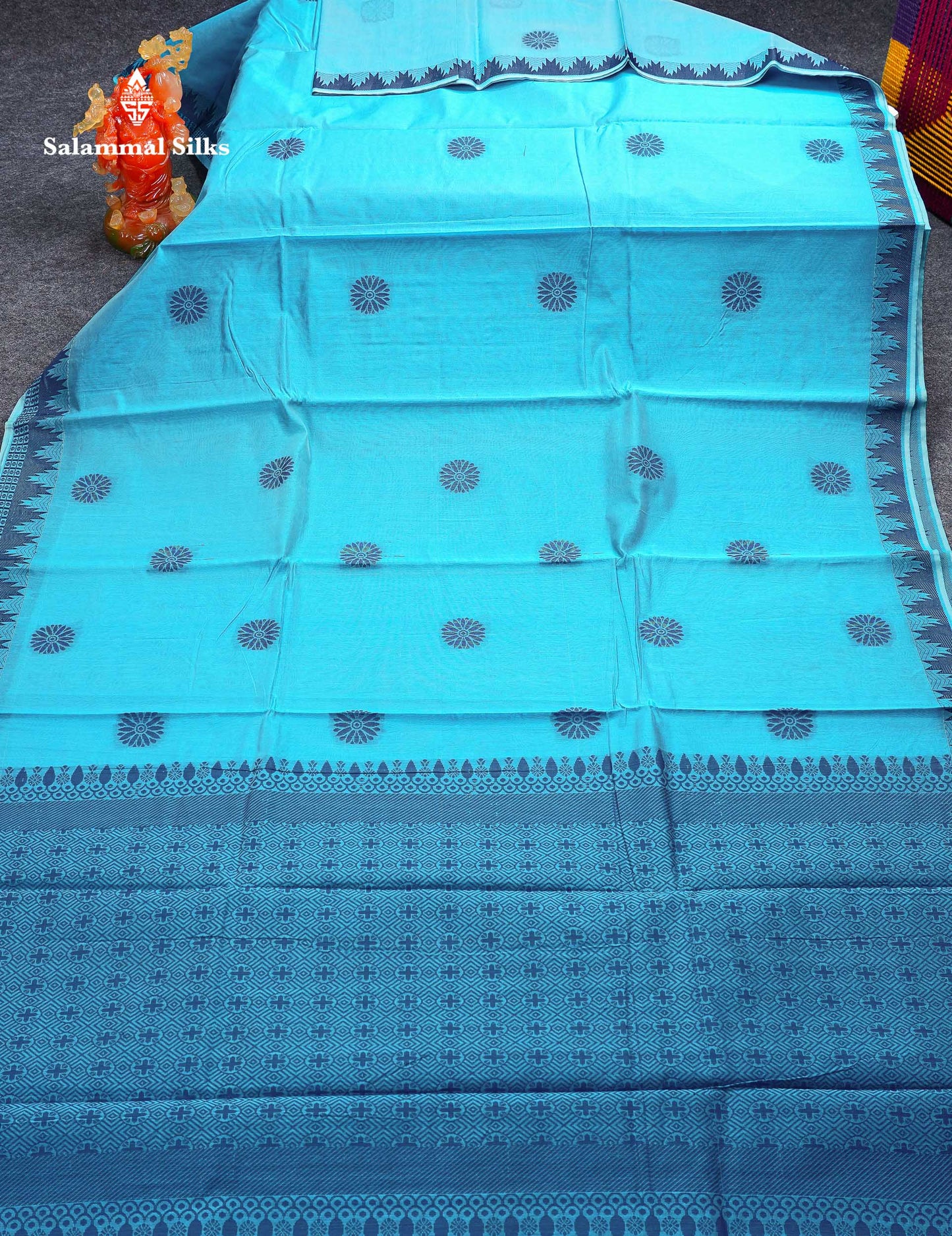 Beautiful Peach Pink Thread Work Kota Cotton Saree With Contrast Dual Tone Blue Traditional Border