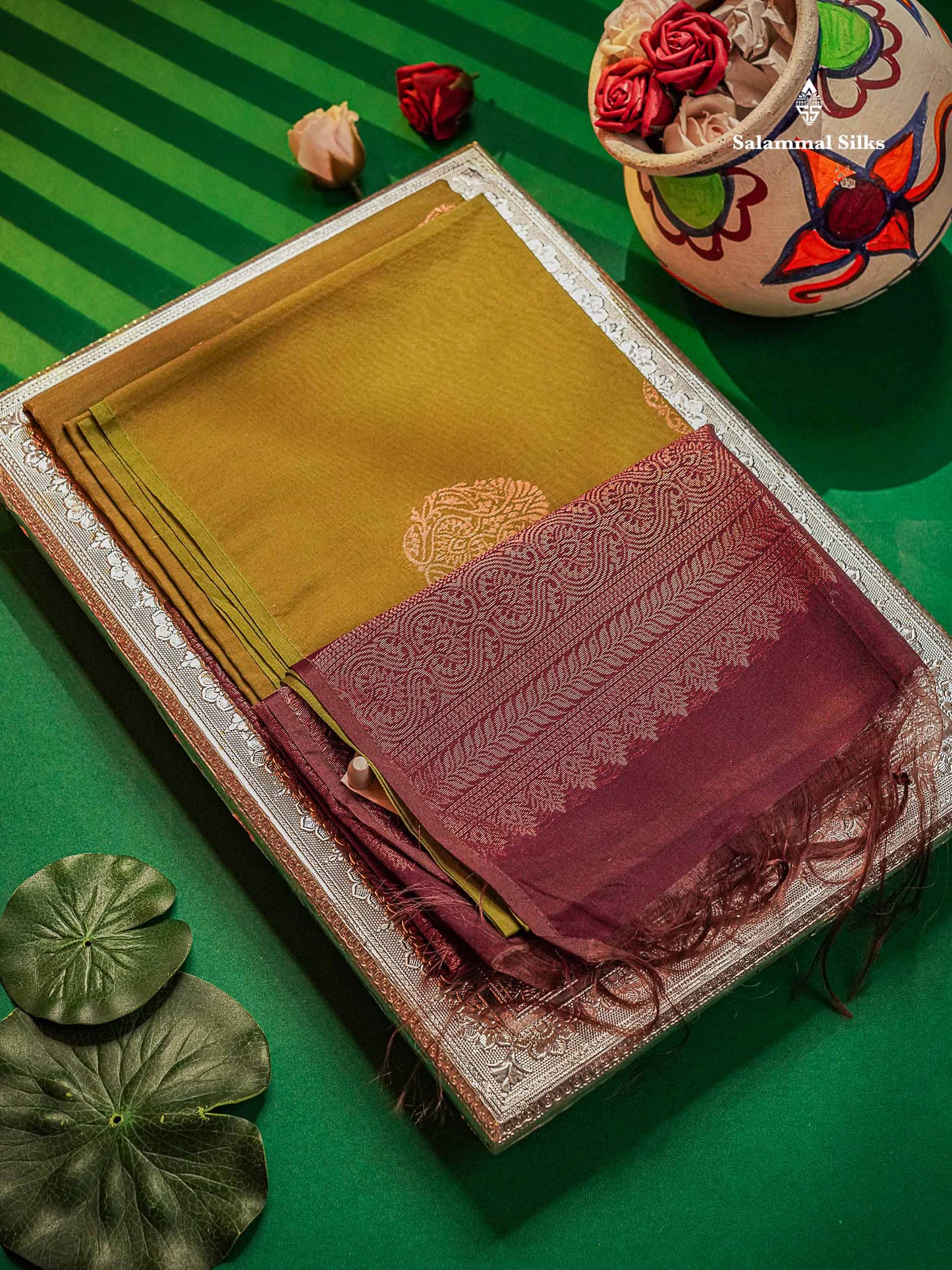 Beautiful Olive Green SICO Cotton Saree With Contrast Magenta Blouse