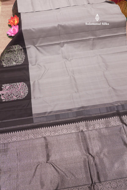 Kanjivaram Tiny Checks White & Black Pure Silk Saree With Contrast Black Border