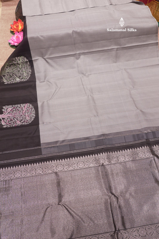 Kanjivaram Tiny Checks White & Black Pure Silk Saree With Contrast Black Border