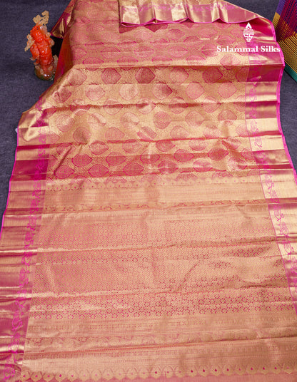 Beautiful Light Pink Tissue Bridal Pure Kanjivaram Silk Saree With Contrast Pink Traditional Border