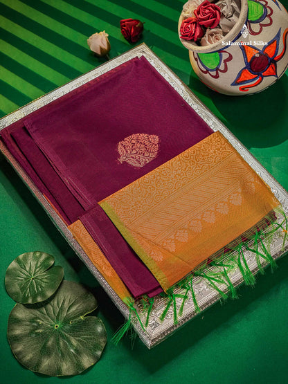 Beautiful Dark Purple Sico Cotton Saree With Contrast Mustard Yellow Blouse