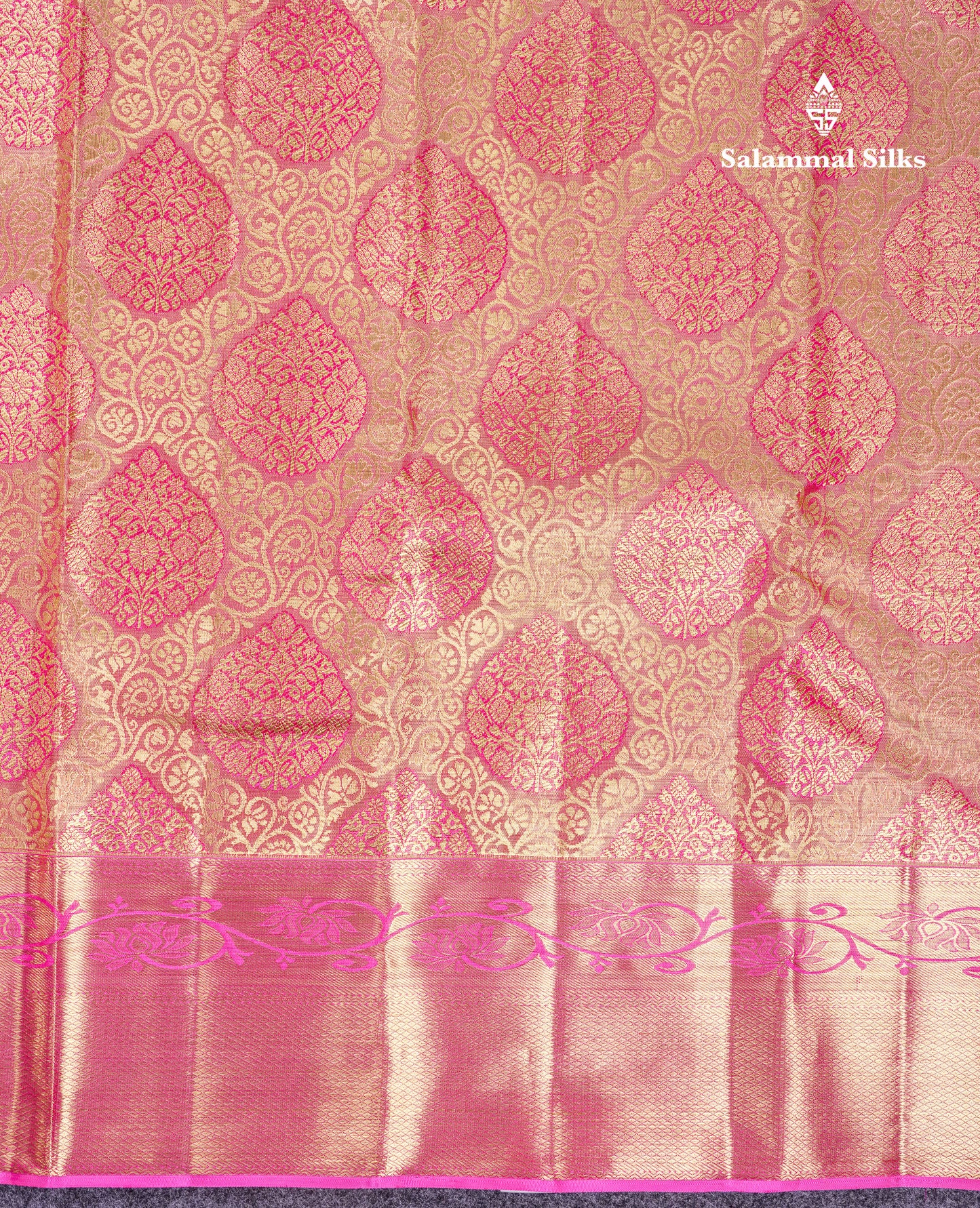 Beautiful Light Pink Tissue Bridal Pure Kanjivaram Silk Saree With Contrast Pink Traditional Border