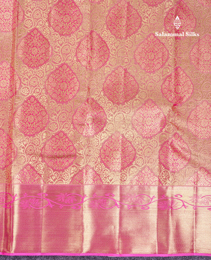 Beautiful Light Pink Tissue Bridal Pure Kanjivaram Silk Saree With Contrast Pink Traditional Border