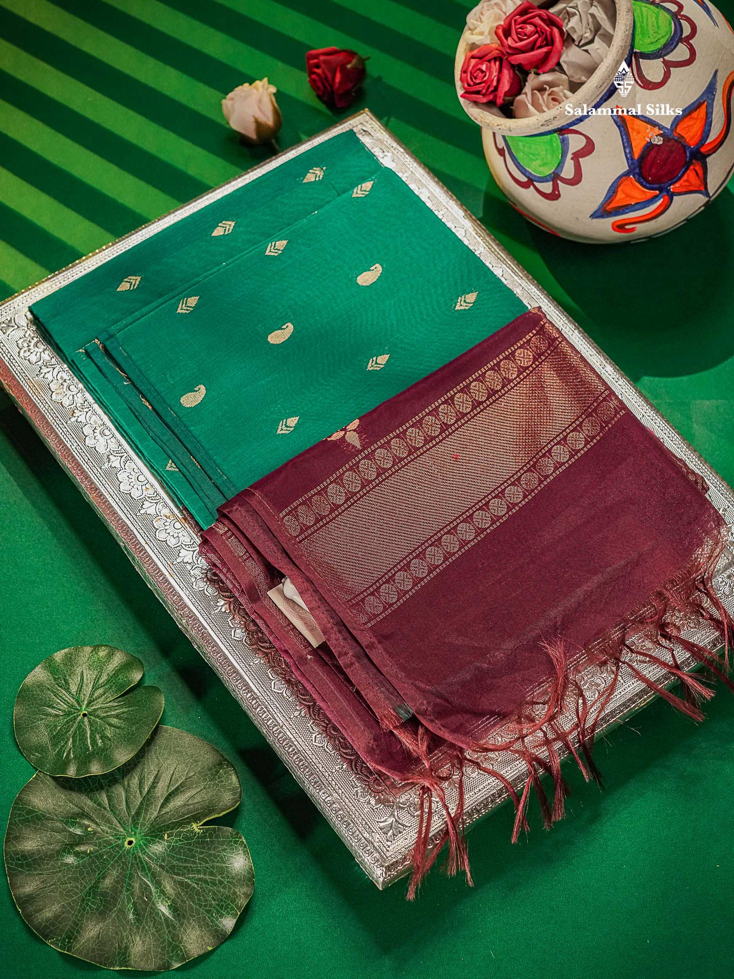 SICO Cotton Saree - Sapphire Green Colour Body Zari Butta With Contrast Magenta Blouse