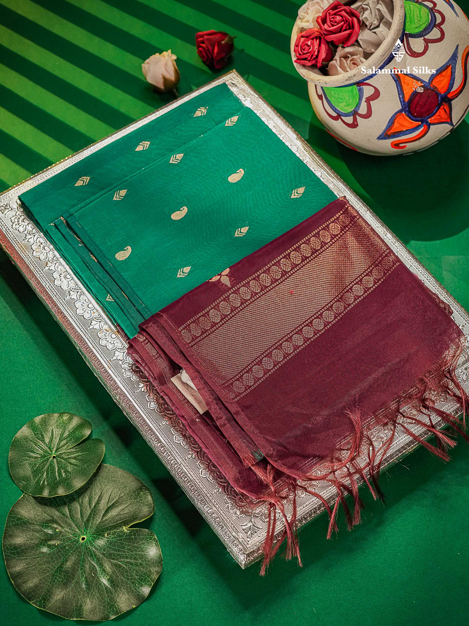 SICO Cotton Saree - Sapphire Green Colour Body Zari Butta With Contrast Magenta Blouse