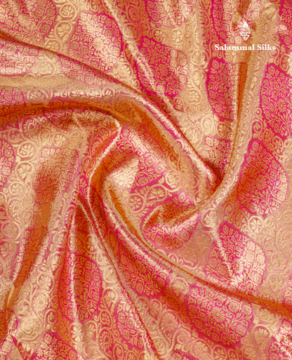 Beautiful Light Pink Tissue Bridal Pure Kanjivaram Silk Saree With Contrast Pink Traditional Border