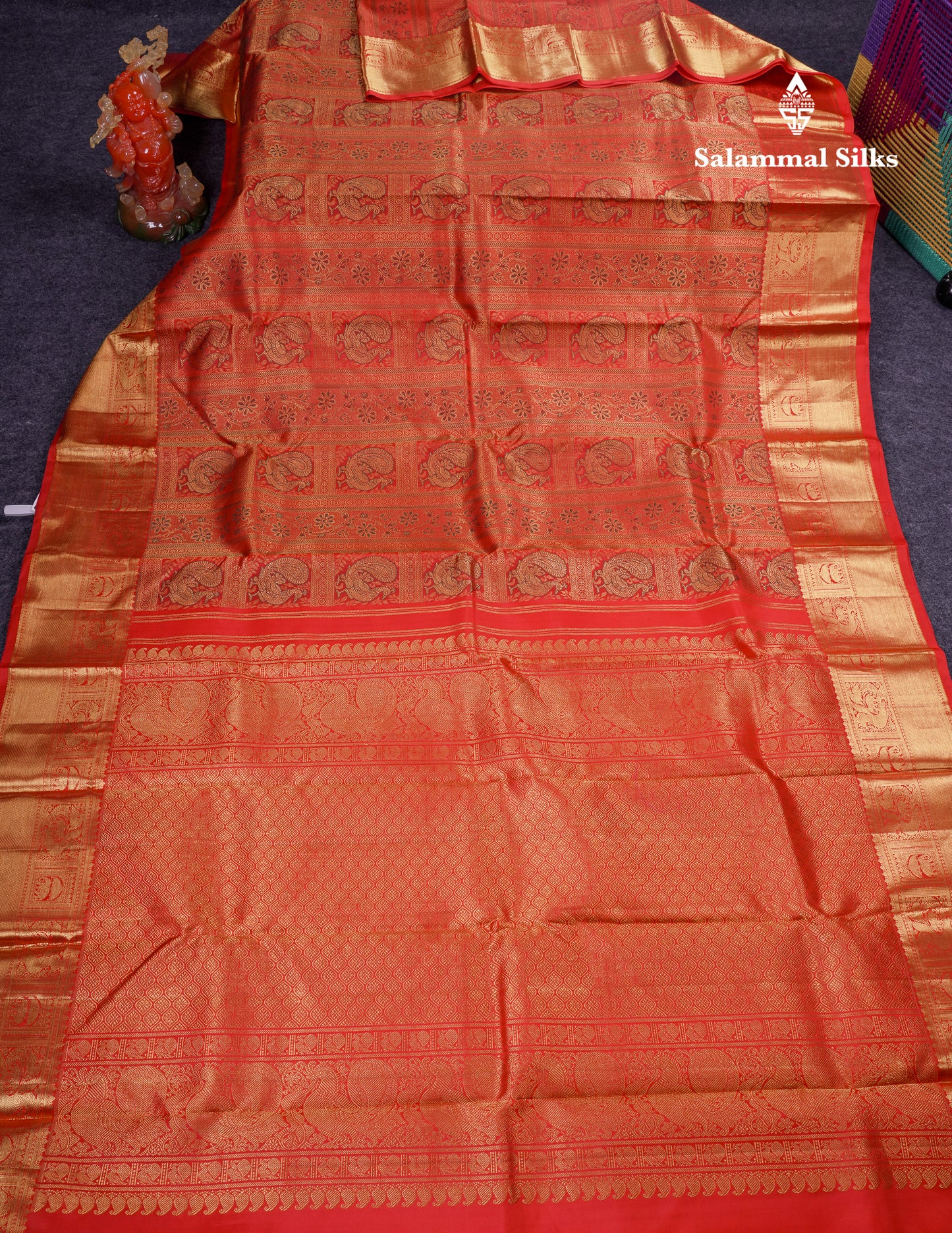 Beautiful Tomato Red Bridal Menakari Work Pure Kanjivaram Silk Saree With Traditional Border