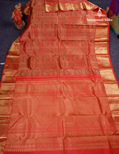 Beautiful Tomato Red Bridal Menakari Work Pure Kanjivaram Silk Saree With Traditional Border