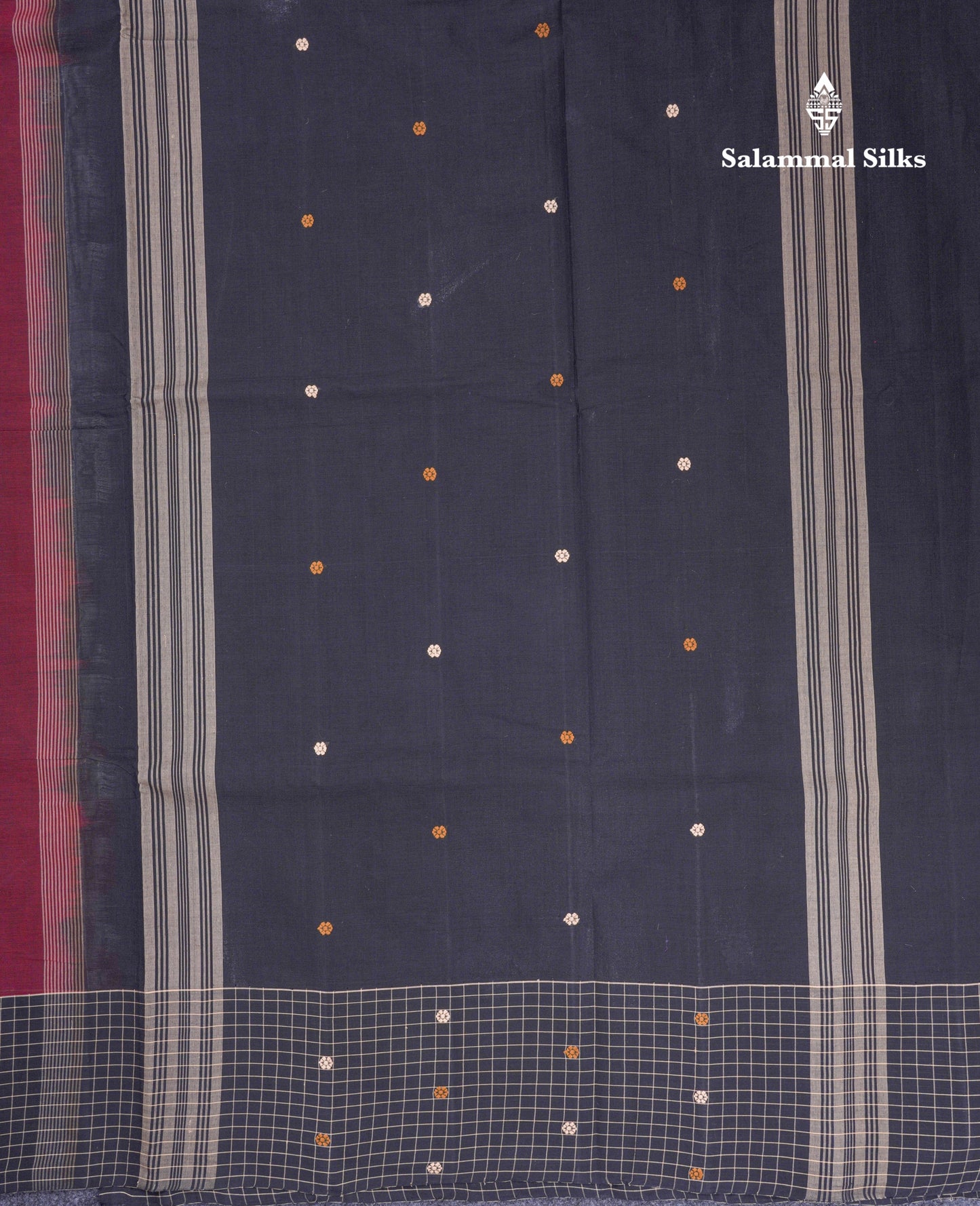 Beautiful Elephant Grey Thread Butta Pure Cotton Saree With Contrast Black Small Checks One Side Border