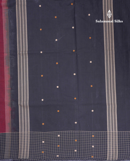 Beautiful Elephant Grey Thread Butta Pure Cotton Saree With Contrast Black Small Checks One Side Border