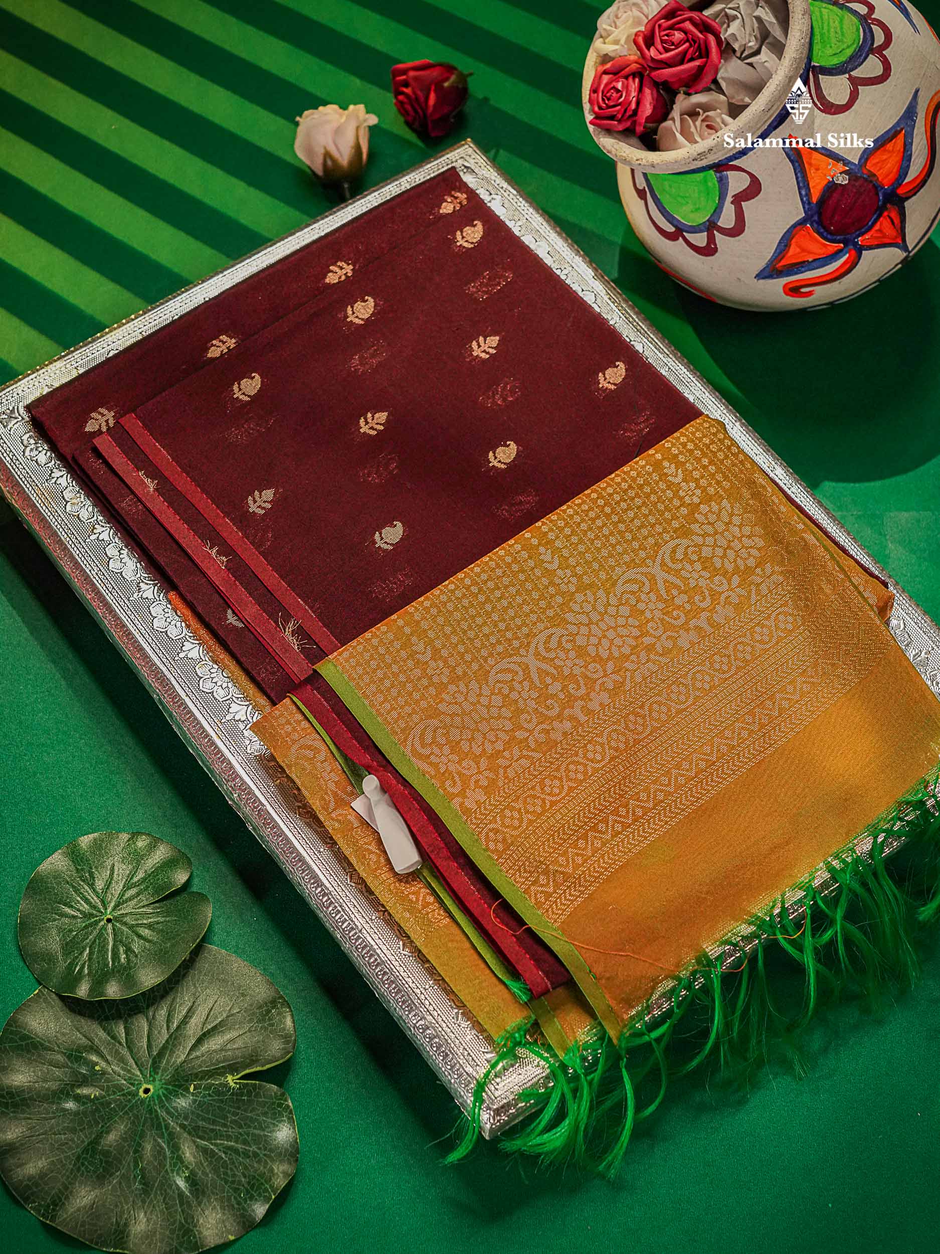 SICO Cotton Saree - Dark Maroon Colour Body Small Zari Butta With Contrast Manthulir Yellow Blouse