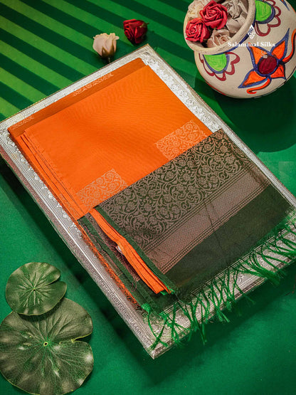 SICO Cotton Saree - Mango Yellow Colour Body Zari Butta With Contrast Bottle Green Blouse