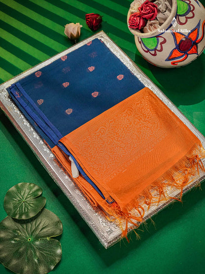 SICO Cotton Saree -Peacock Blue Colour Body Small Zari Butta With Contrast Mango Yellow Blouse