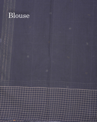 Beautiful Elephant Grey Thread Butta Pure Cotton Saree With Contrast Black Small Checks One Side Border