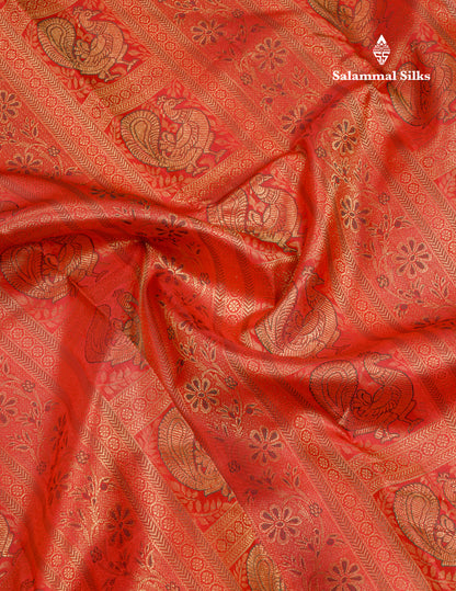 Beautiful Tomato Red Bridal Menakari Work Pure Kanjivaram Silk Saree With Traditional Border