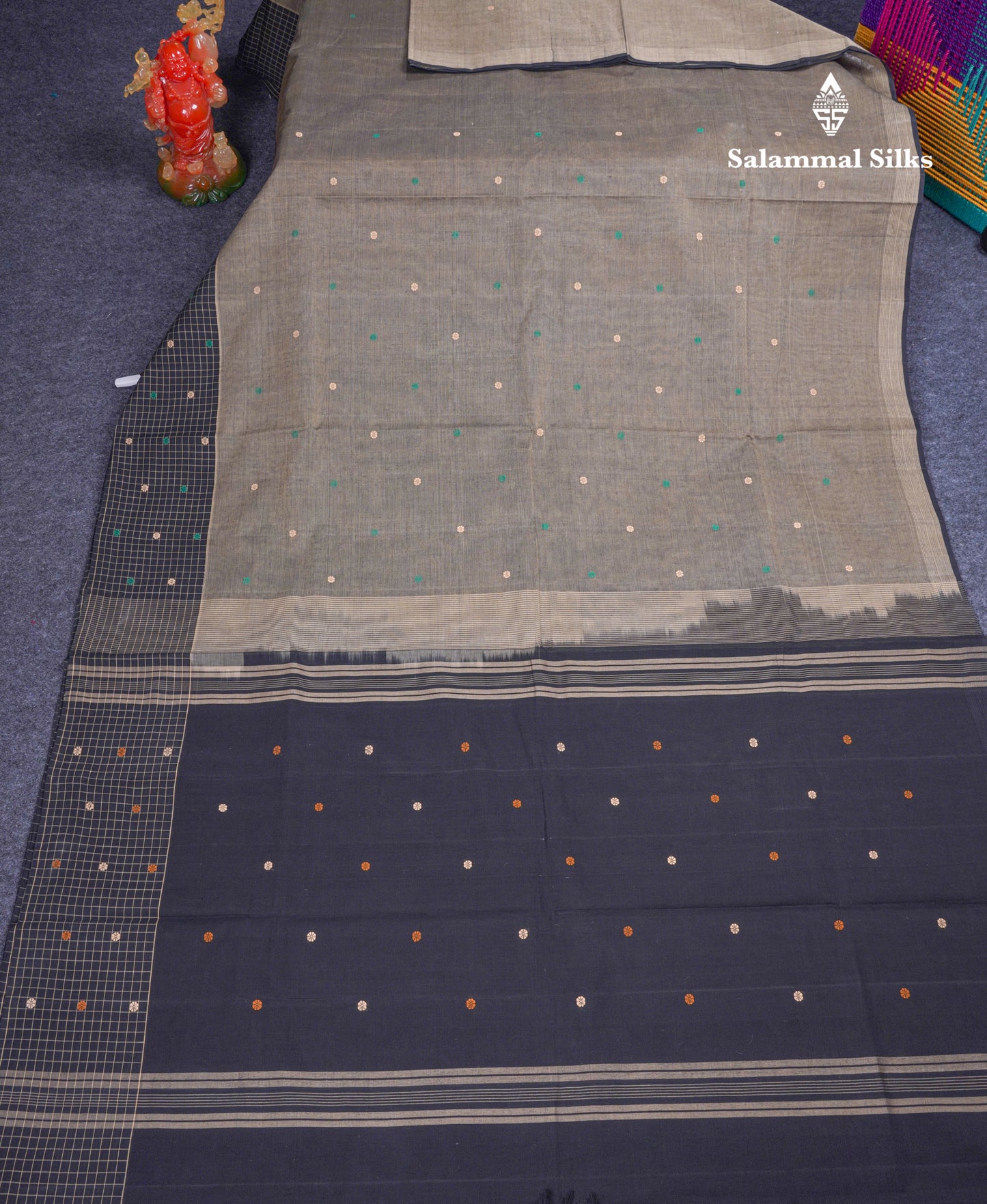 Beautiful Elephant Grey Thread Butta Pure Cotton Saree With Contrast Black Small Checks One Side Border