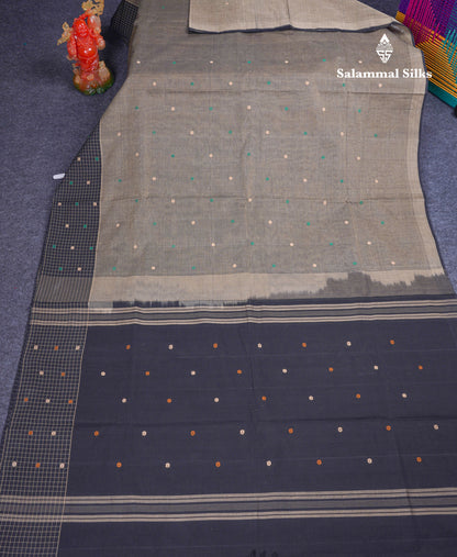 Beautiful Elephant Grey Thread Butta Pure Cotton Saree With Contrast Black Small Checks One Side Border