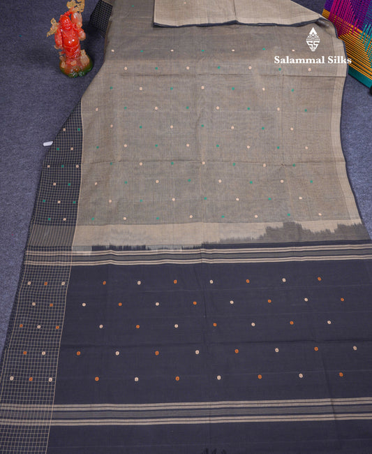 Beautiful Elephant Grey Thread Butta Pure Cotton Saree With Contrast Black Small Checks One Side Border